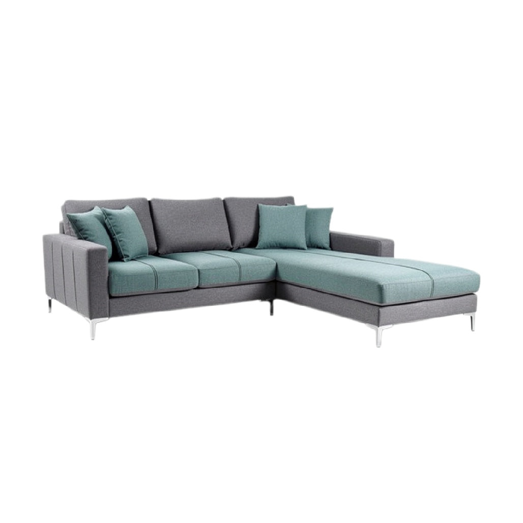 Moderne L-vormige bank met kussens in grijs en aqua groen