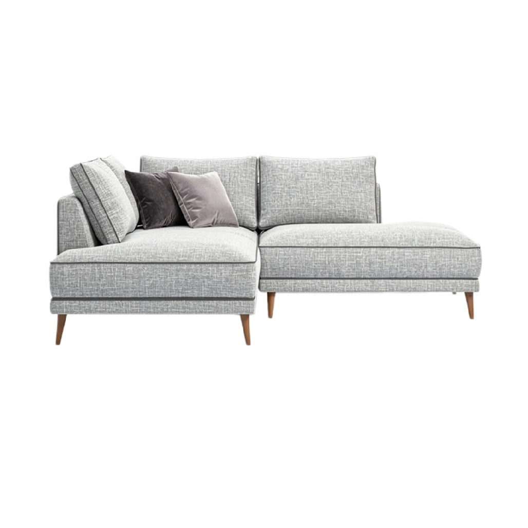 Moderne hoekbank met kussens in grijs textiel