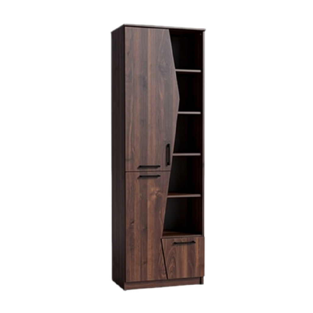 Titel: "Moderne Houten Opbergkast met Open Planken en Lade"
